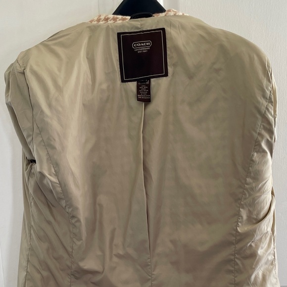 Vintage Coach Houndstooth Wool & Leather Womens Coat / Fully Lined / Large Tan - Picture 10 of 13